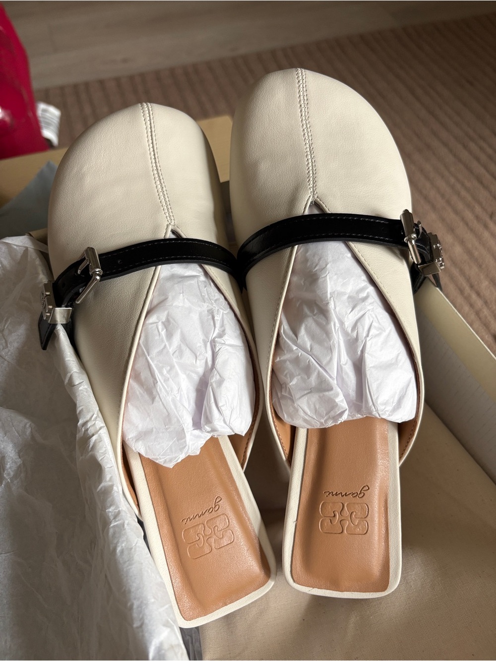 Ganni Cream Leather Mary Jane Mules with Black Strap
